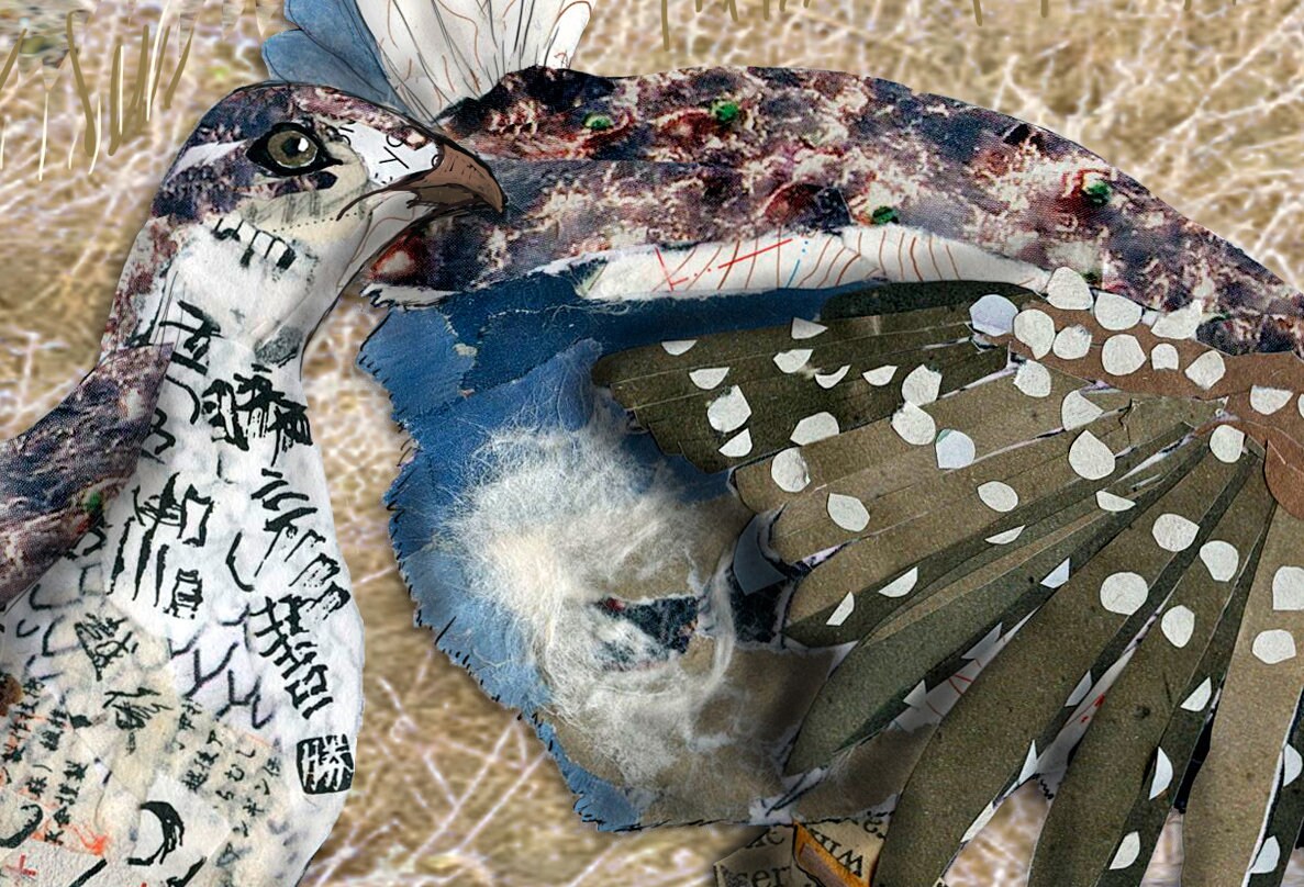 Greeting Card of mixed media collage of a. pair of sharp-tailed grouse hunting grasshoppers, Yellowstone - Blank Inside