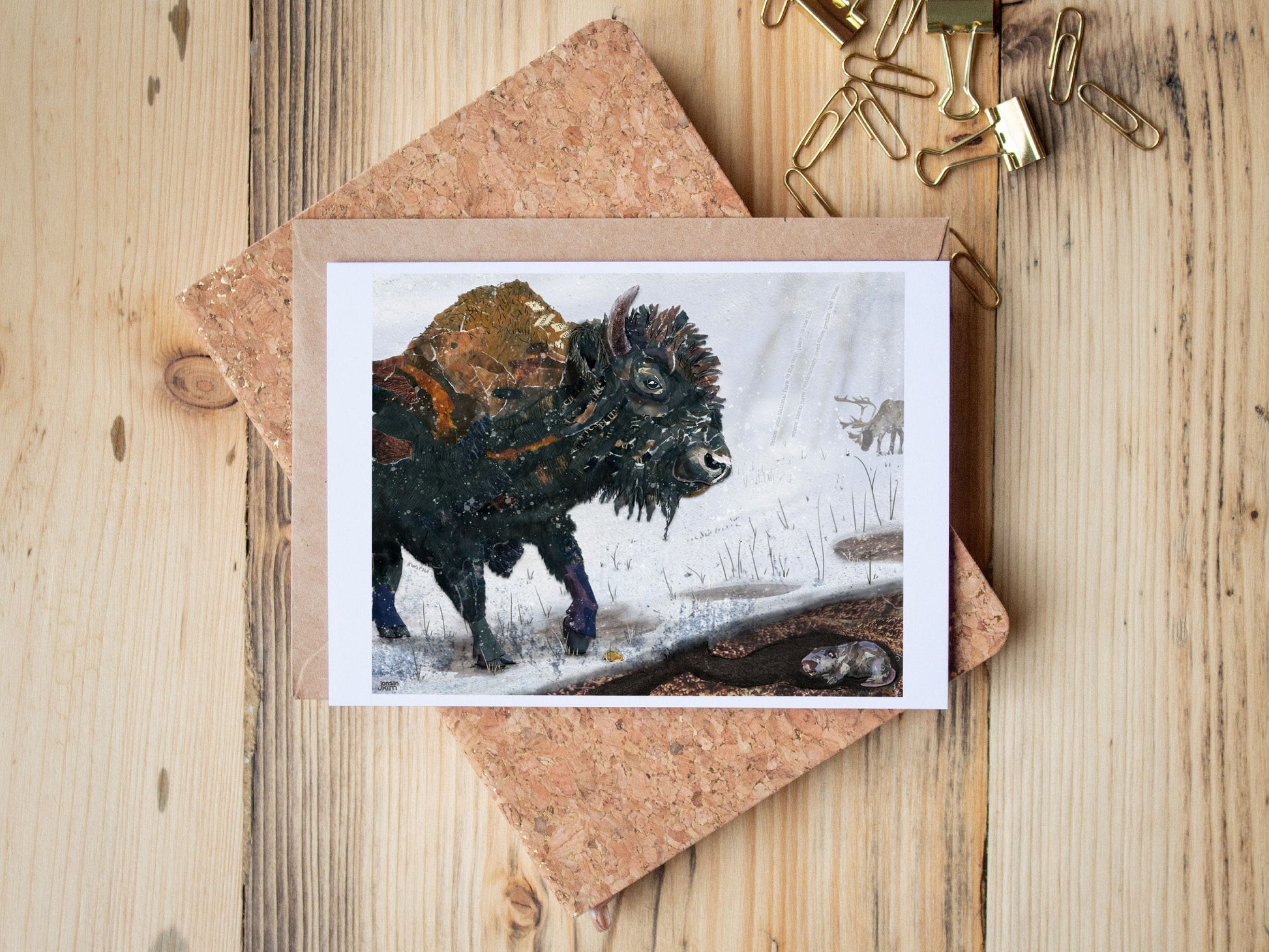 Greeting Card of mixed media collage of a bison in the snow with an elk and gopher, Yellowstone - Blank Inside