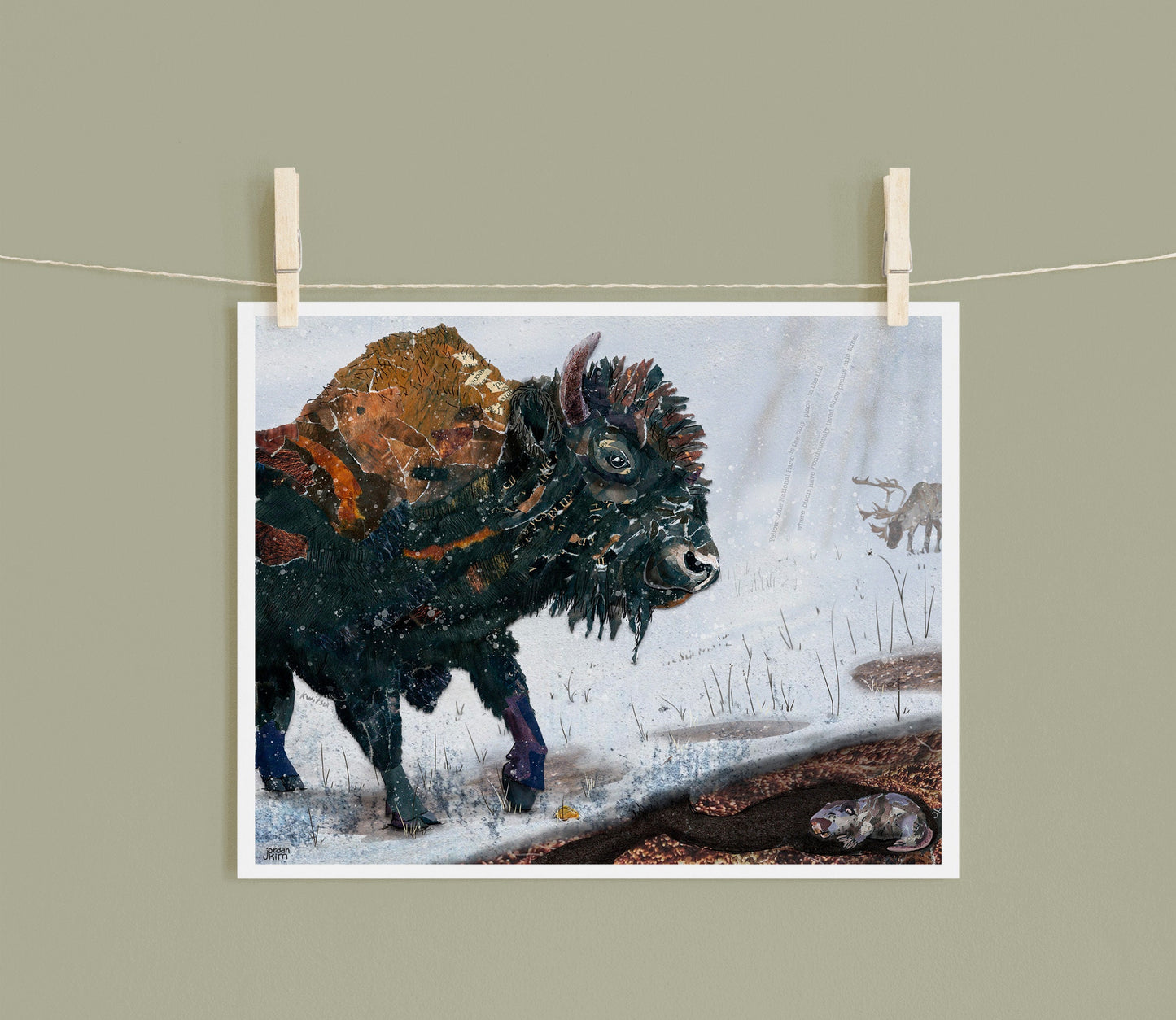 8x10 Art Print of a mixed media collage of a bison in the snow with an elk and gopher, Yellowstone