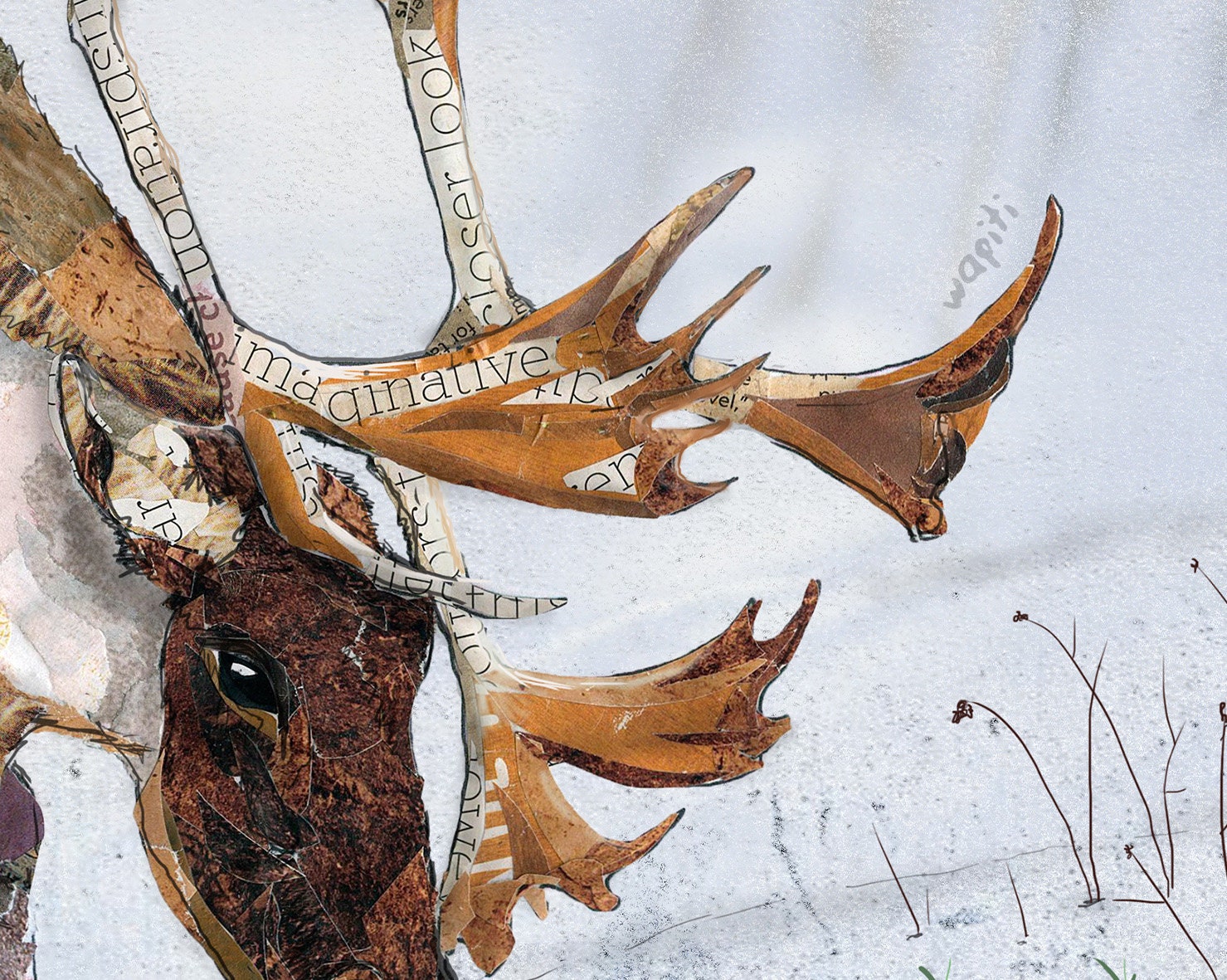 8x10 Art Print of a mixed media collage of an elk in the snow, with a gopher below, Yellowstone
