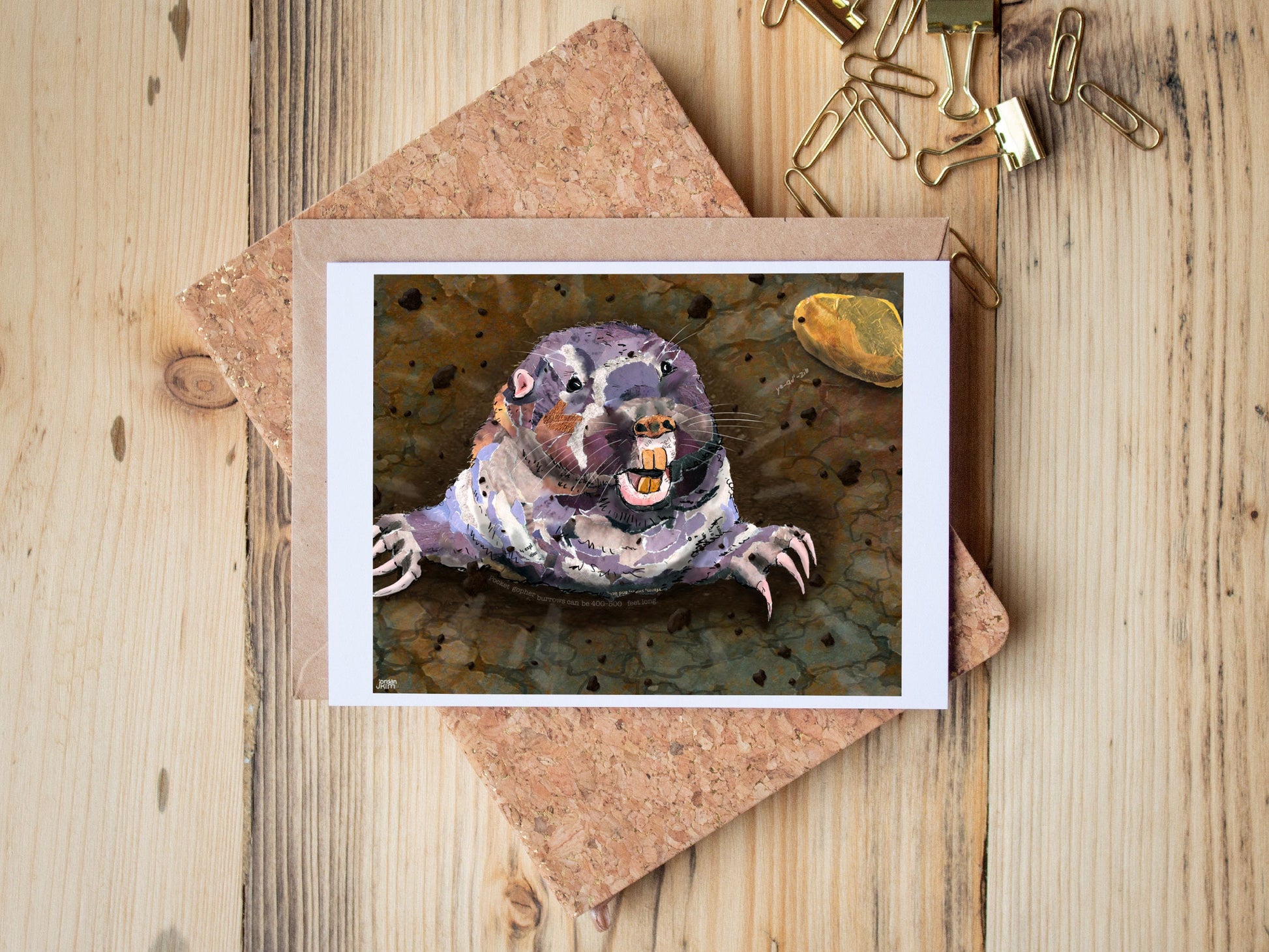 Greeting Card of mixed media collage of a pocket gopher popping out of the soil, Yellowstone - Blank Inside