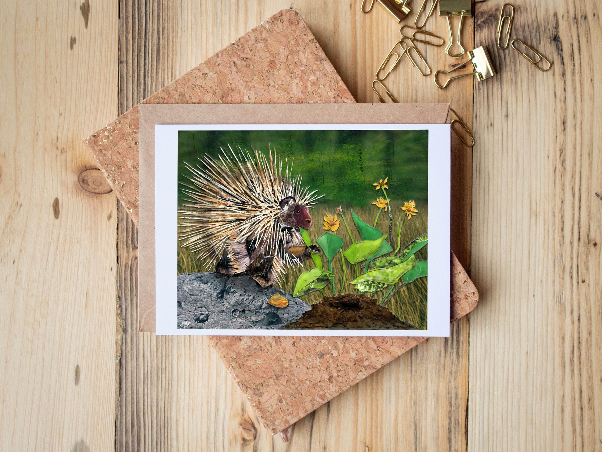 Greeting Card of mixed media collage of a porcupine eating balsam root, Yellowstone - Blank Inside