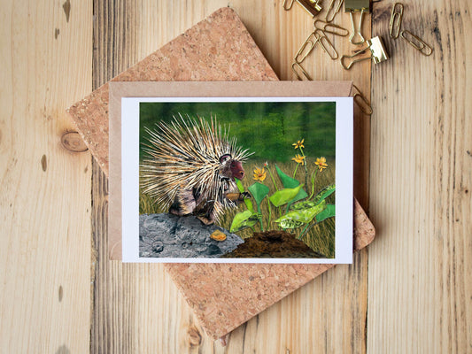 Greeting Card of mixed media collage of a porcupine eating balsam root, Yellowstone - Blank Inside