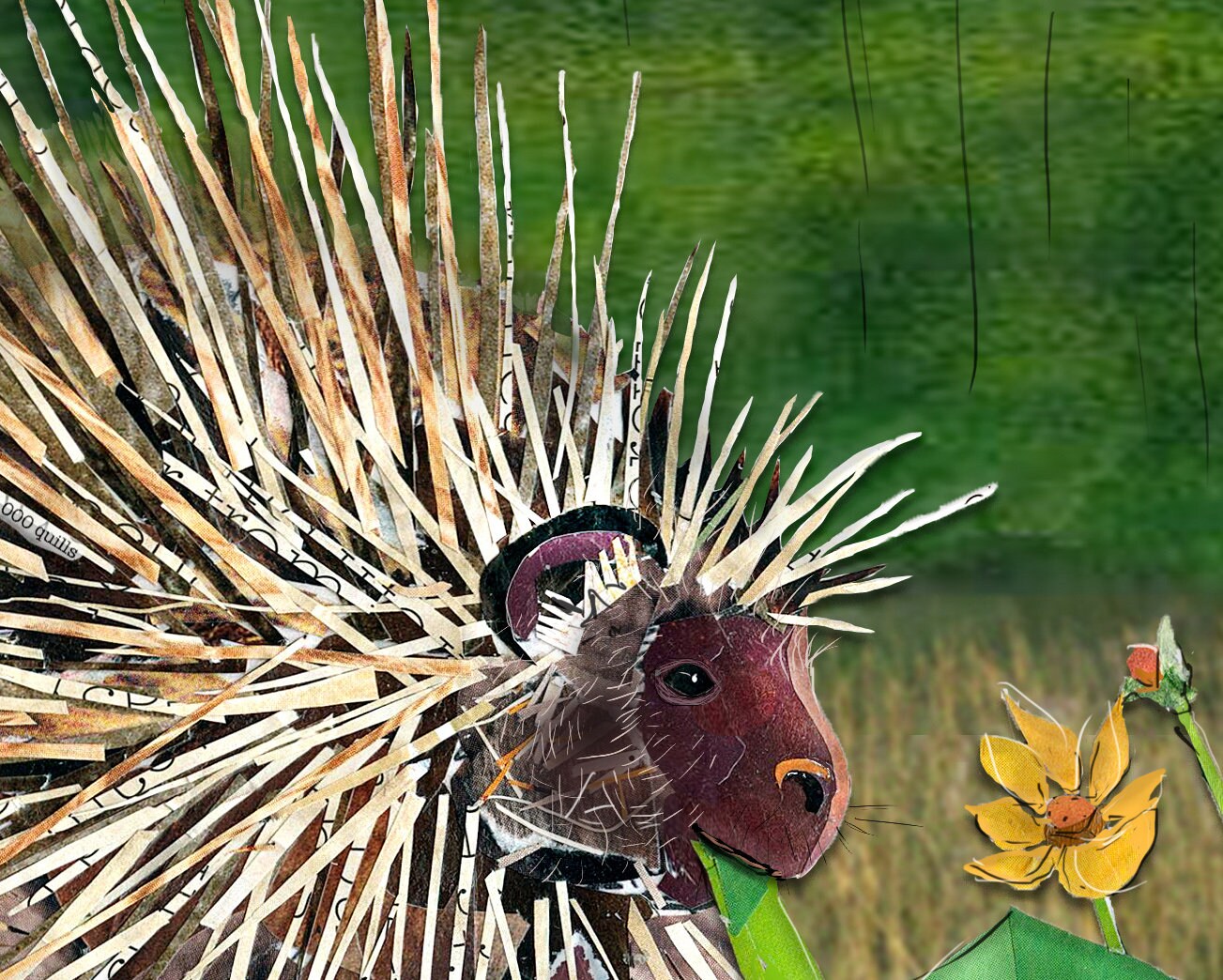 8x10 Art Print of a mixed media collage of a porcupine eating balsam root, Yellowstone