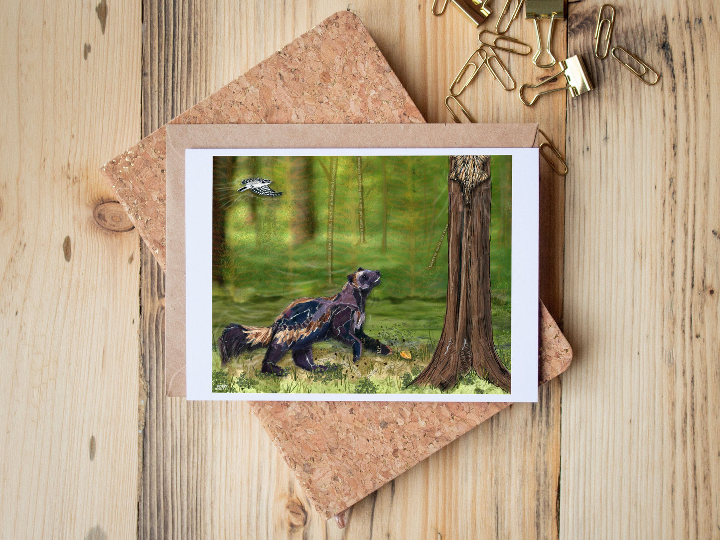 Greeting Card of mixed media collage of a wolverine chasing a porcupine, Yellowstone - Blank Inside