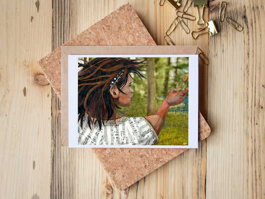 Greeting Card of mixed media collage of a girl throwing a stone with a feather behind her ear, Yellowstone - Blank Inside