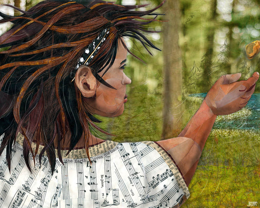 8x10 Art Print of a mixed media collage of a girl throwing a stone with a feather behind her ear, Yellowstone