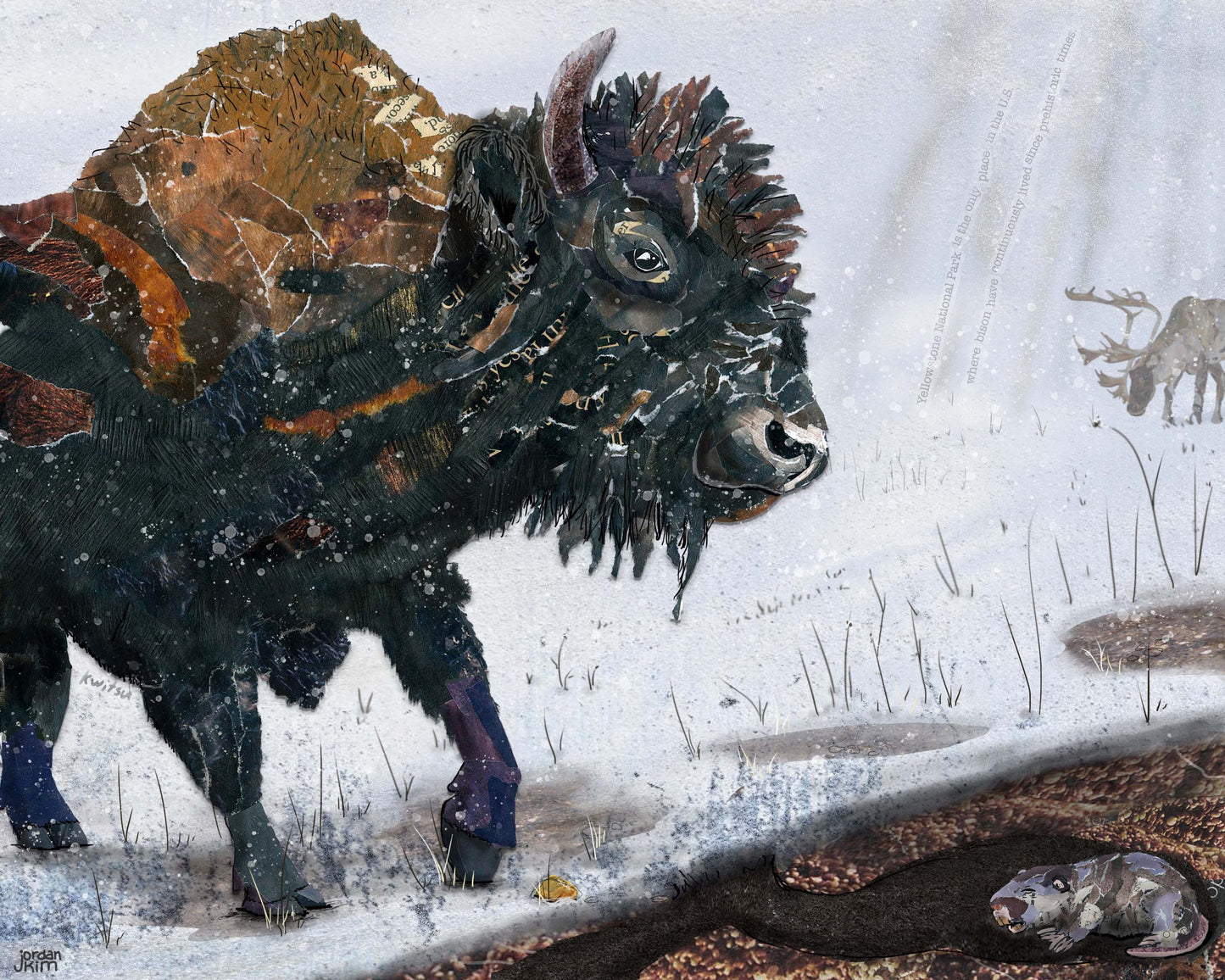 Greeting Card of mixed media collage of a bison in the snow with an elk and gopher, Yellowstone - Blank Inside