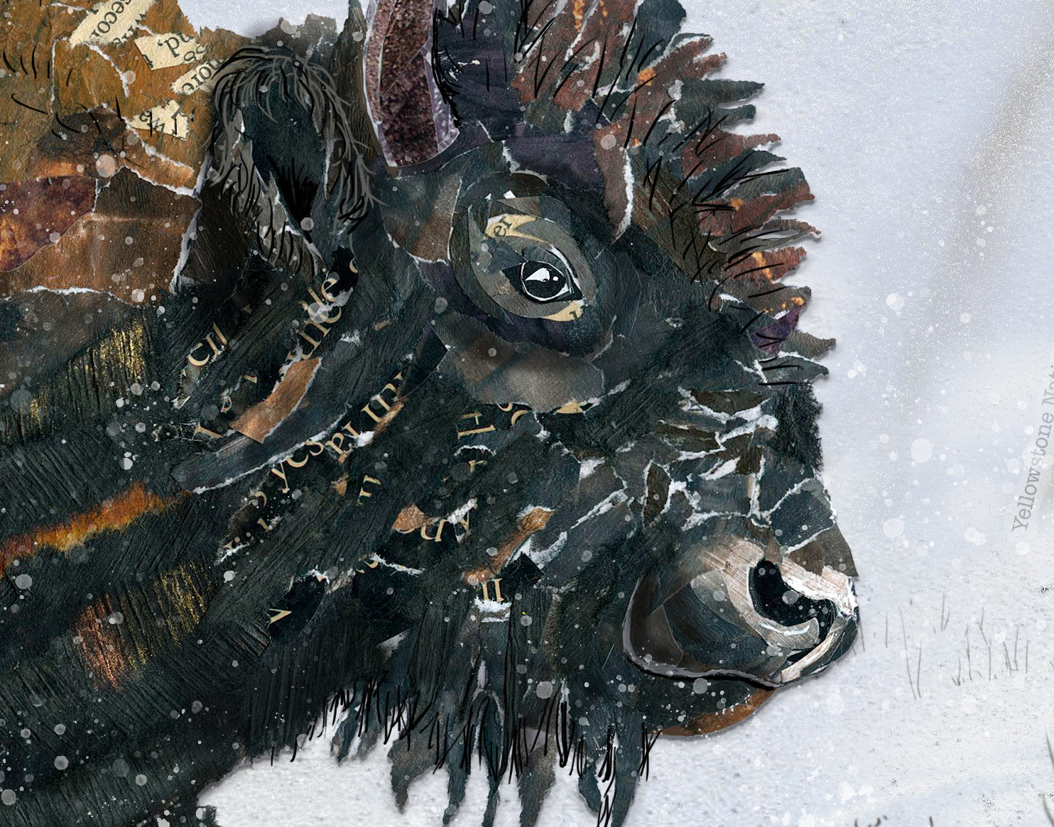Greeting Card of mixed media collage of a bison in the snow with an elk and gopher, Yellowstone - Blank Inside