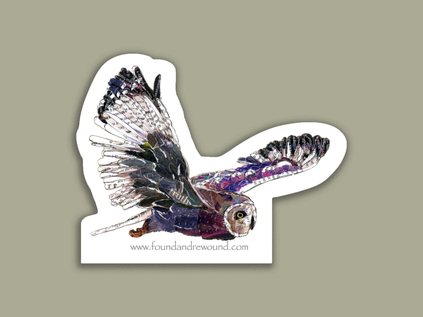 Owl Sticker - 3" x 3" Original MixedMedia Collage - Dye Cut, Vinyl