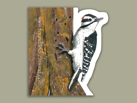 Hairy Woodpecker Sticker - 3" x 3" Original MixedMedia Collage - Dye Cut, Vinyl