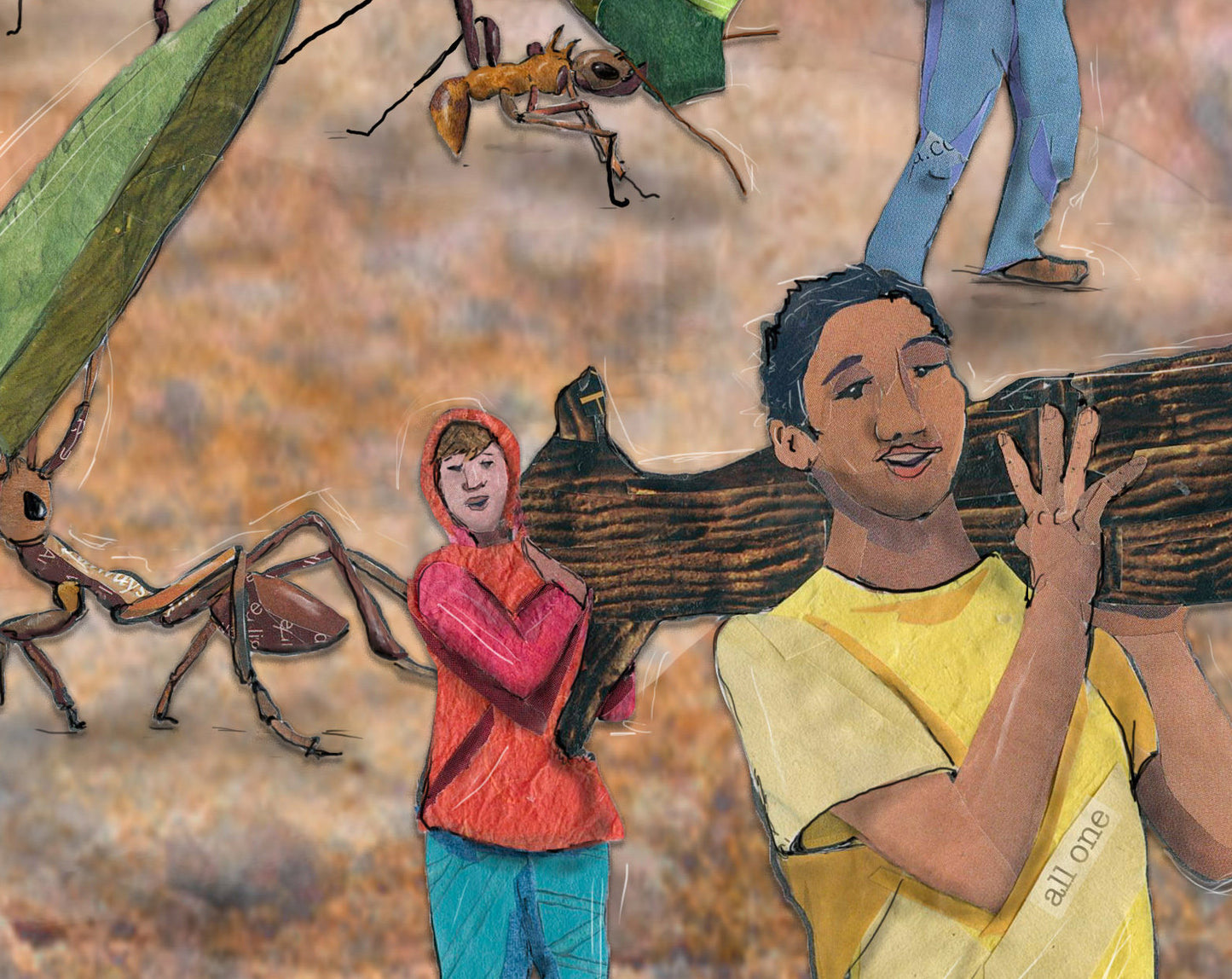 Greeting Card of mixed media collage of people and ants carrying things together, connected, support, inspirational quote - Blank Inside