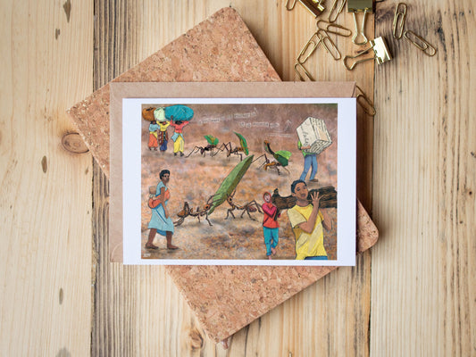 Greeting Card of mixed media collage of people and ants carrying things together, connected, support, inspirational quote - Blank Inside