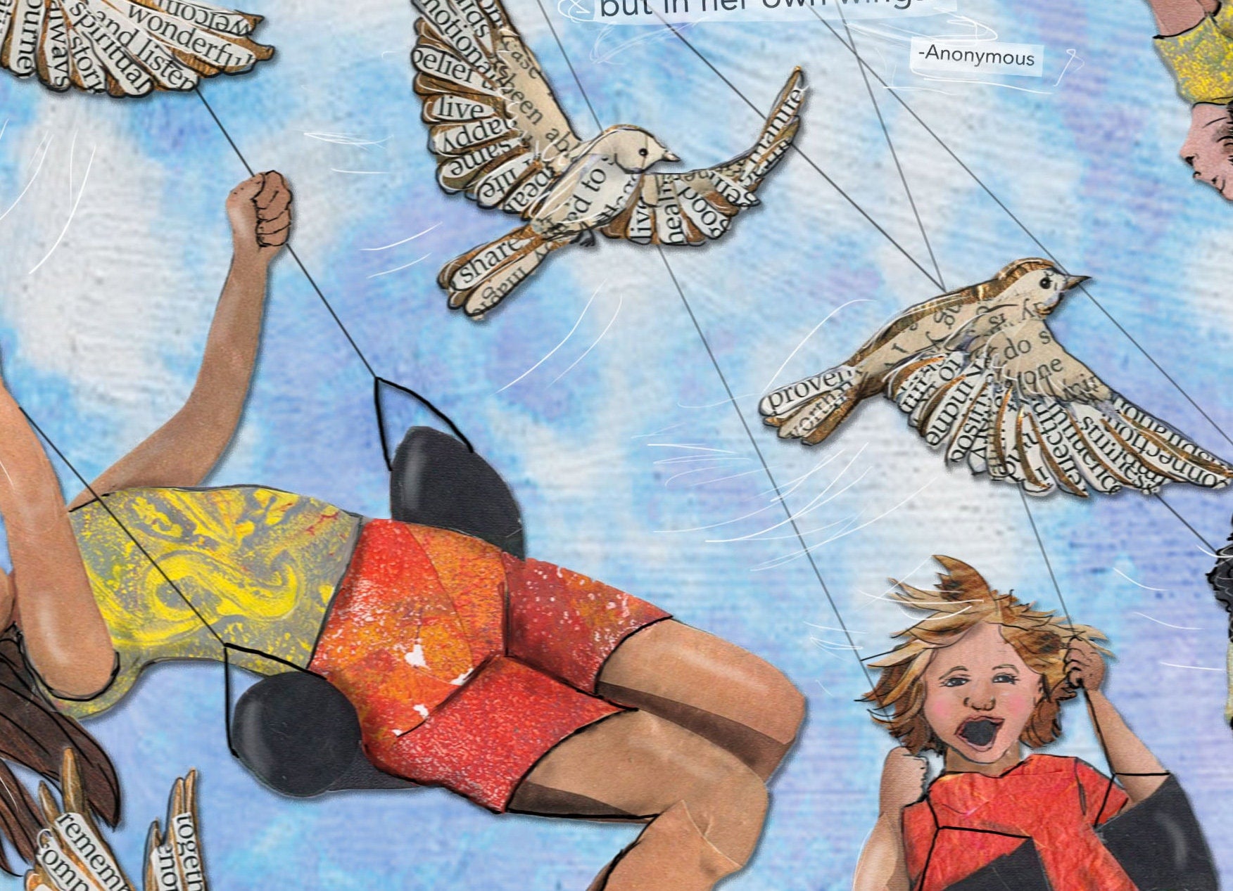 Greeting Card of mixed media collage of children swinging in the air with birds flying around them, inspirational quote - Blank Inside