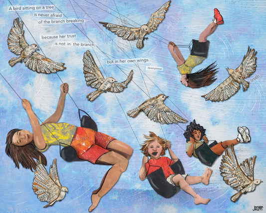 Greeting Card of mixed media collage of children swinging in the air with birds flying around them, inspirational quote - Blank Inside