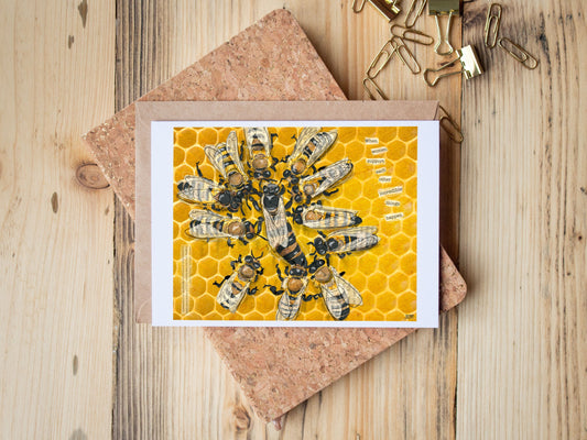 Greeting Card of mixed media collage of a retinue of honeybee workers surrounding the queen, women helping women - Blank Inside