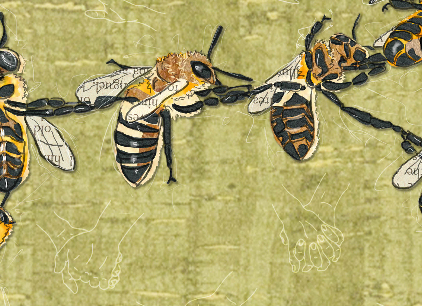 8x10 Art Print of a mixed media collage of honeybees festooning, holding each other, legs, support, help, inspirational quote