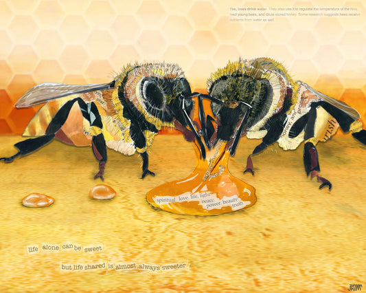 Greeting Card of mixed media collage of two honeybees drinking water or honey together, inspirational quote - Blank Inside