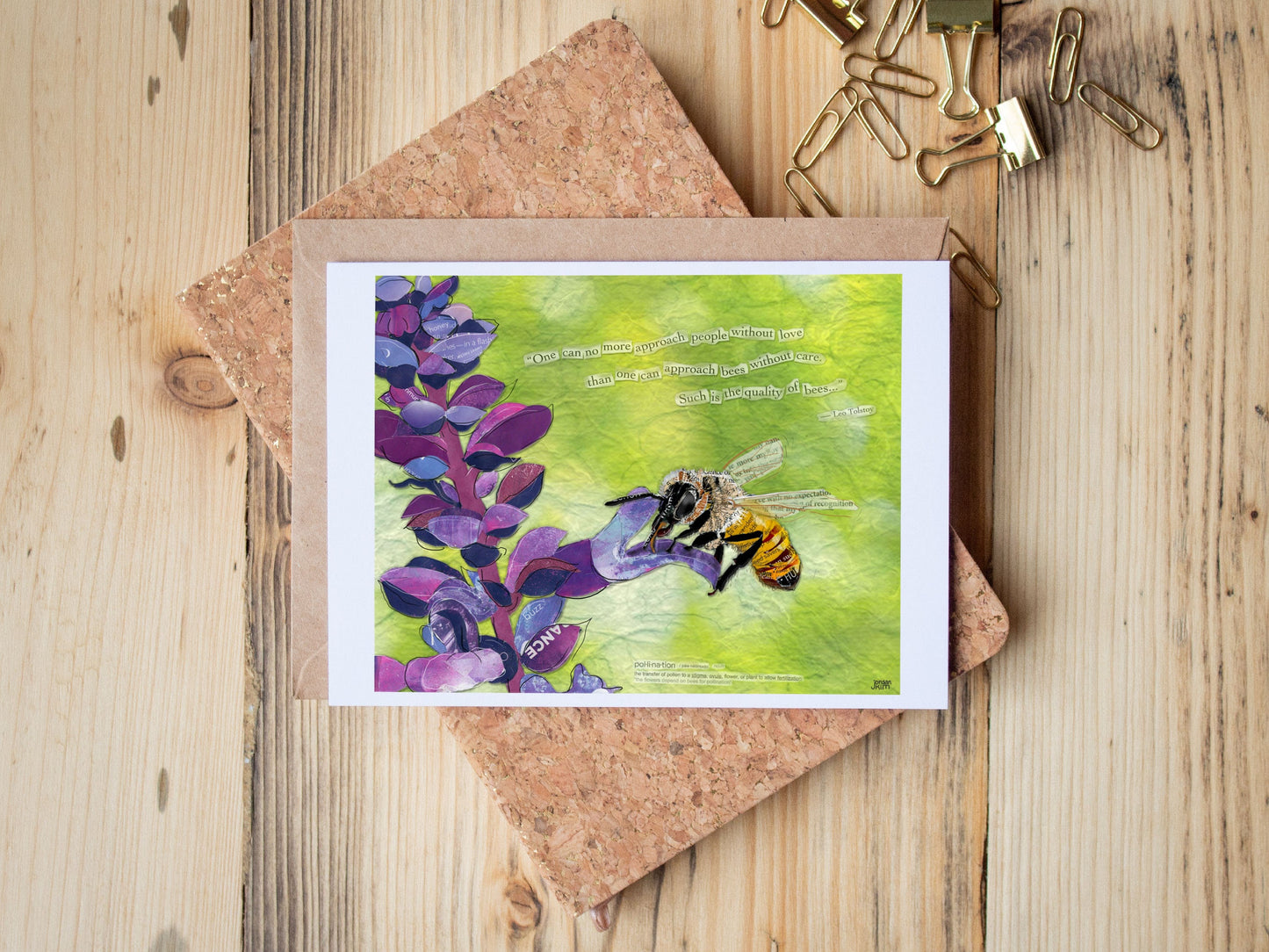 Greeting Card of mixed media collage of a honeybee drinking nectar from a lupine flower, inspirational quote, pollination - Blank Inside