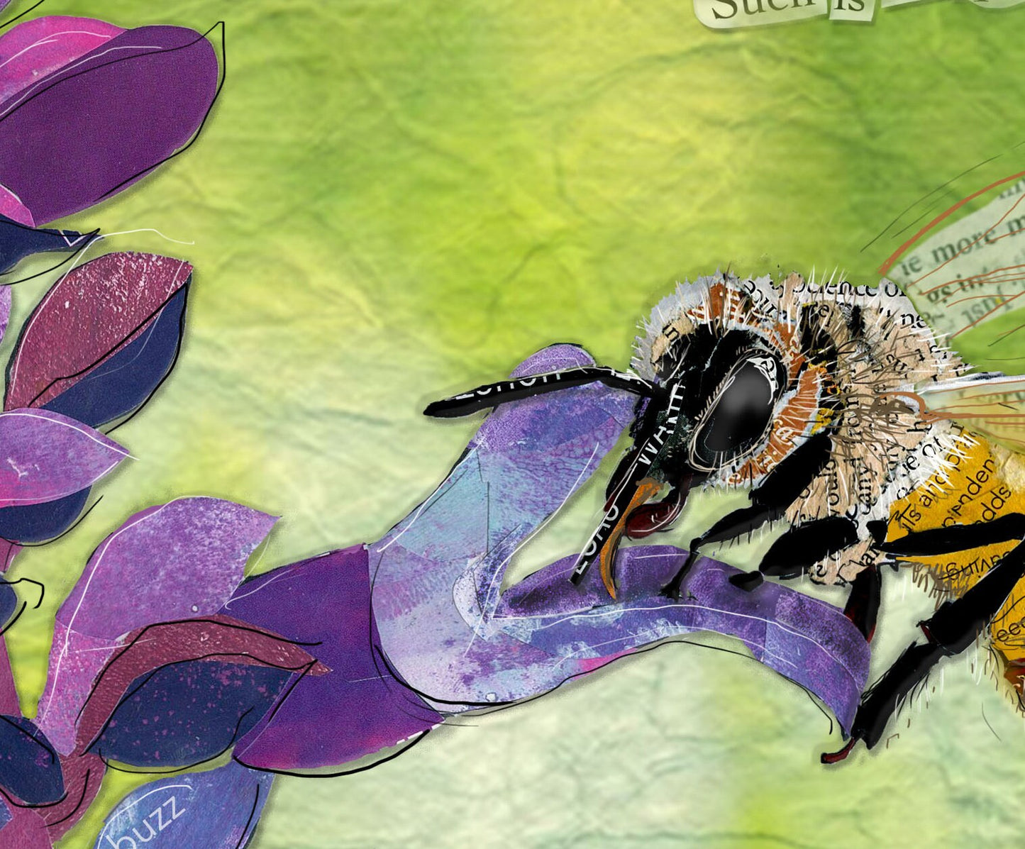 8x10 Art Print of a mixed media collage of a honeybee drinking nectar from a lupine flower, inspirational quote, love, pollination
