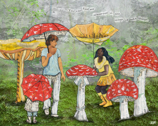 Greeting Card of mixed media collage of people with umbrellas walking among mushrooms, magic, wild, connection to nature - Blank Inside