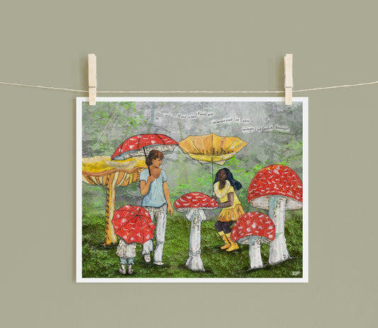 8x10 Art Print of a mixed media collage of people with umbrellas walking among mushrooms, magic, wild, connection to nature