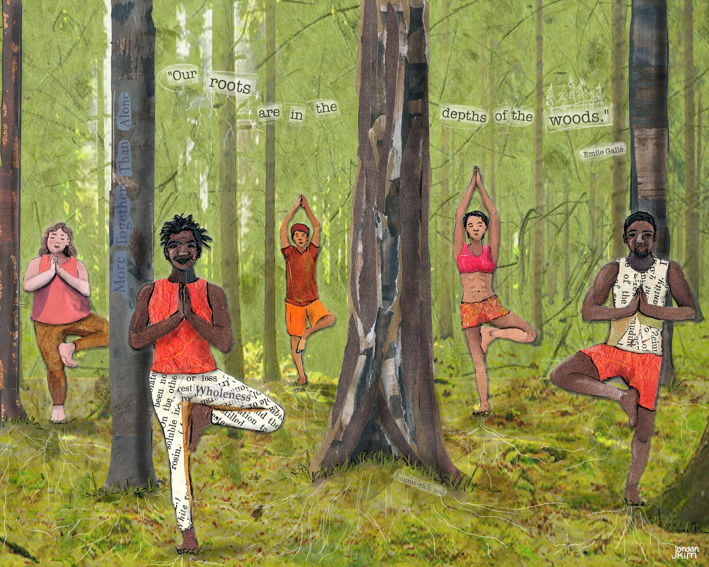 Greeting Card of mixed media collage of people doing tree pose, yoga in the forest, diversity, rooted, connection to nature - Blank Inside