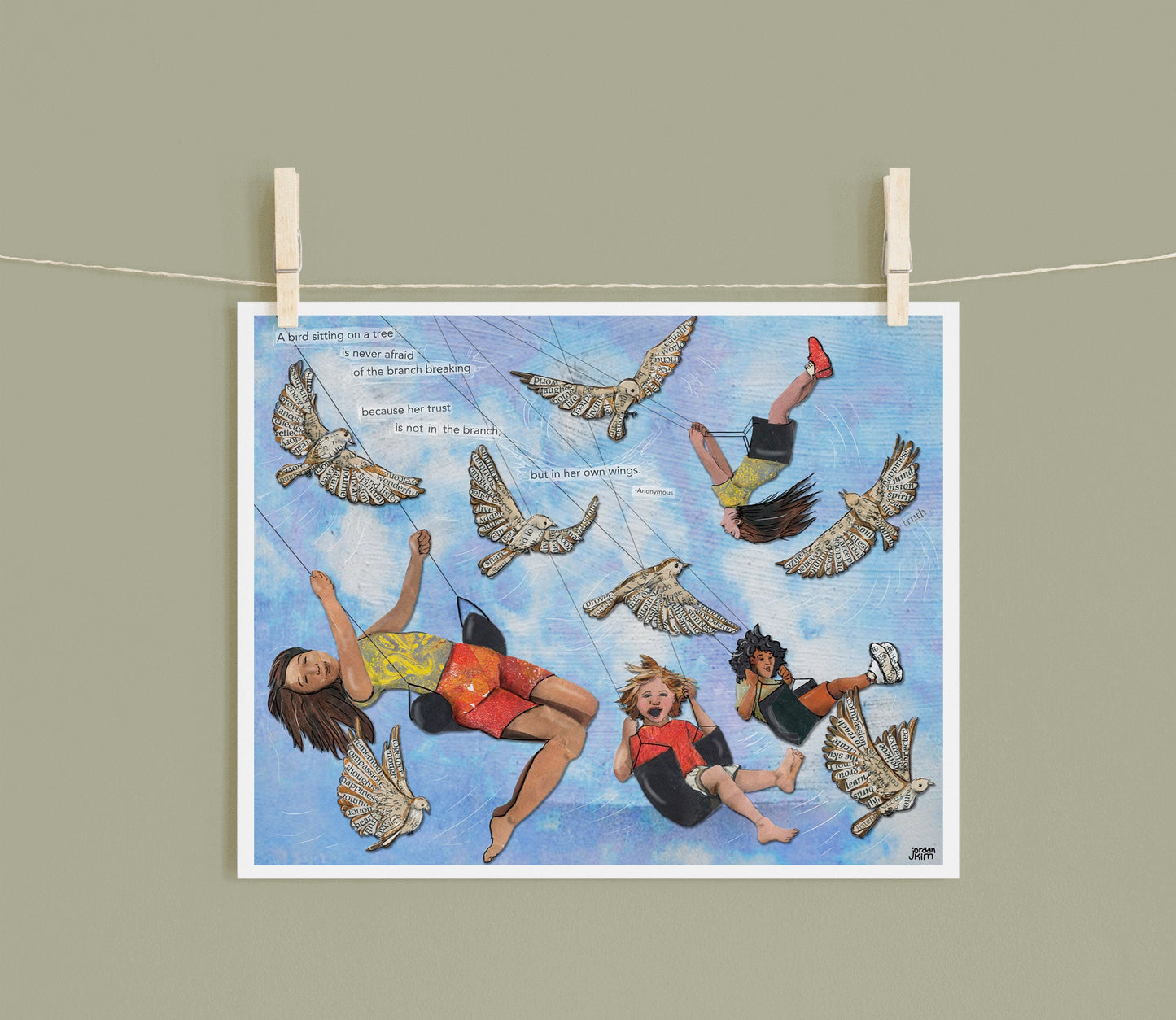 8x10 Art Print of a mixed media collage of children swinging in the air with birds flying around them, inspirational quote