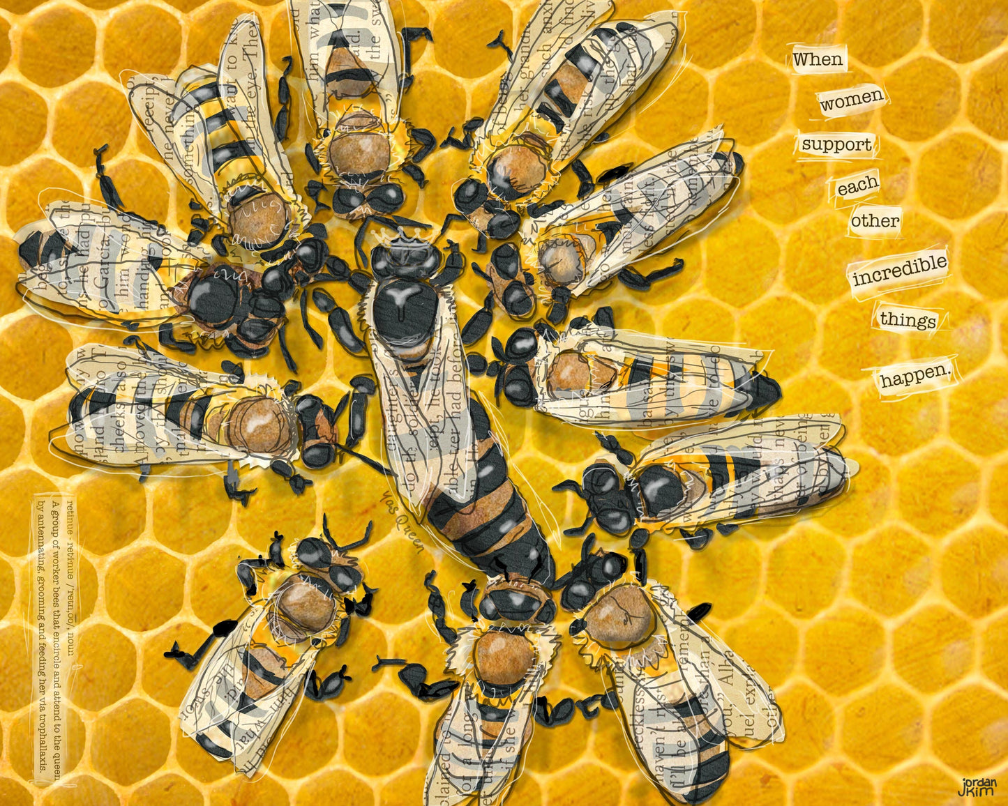 Greeting Card of mixed media collage of a retinue of honeybee workers surrounding the queen, women helping women - Blank Inside