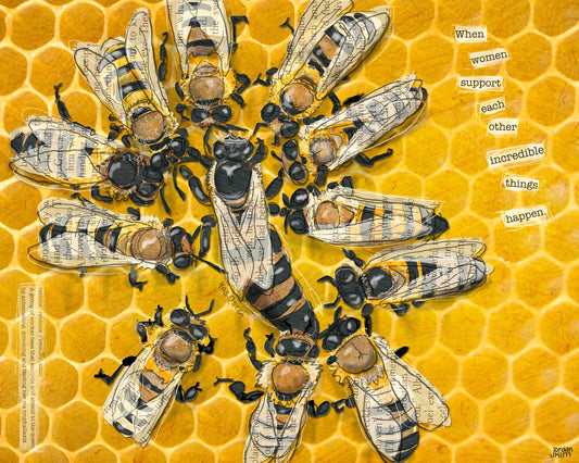 Greeting Card of mixed media collage of a retinue of honeybee workers surrounding the queen, women helping women - Blank Inside