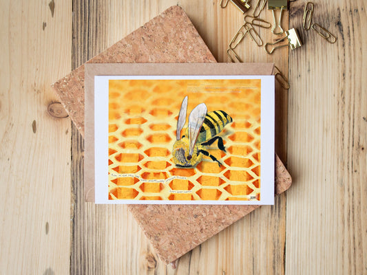 Greeting Card of mixed media collage of a honeybee with its head deep inside a honey comb cell, inspirational quote, hope - Blank Inside