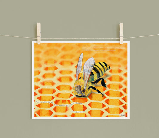8x10 Art Print of a mixed media collage of a honeybee with its head deep inside a honey comb cell, inspirational quote, hope