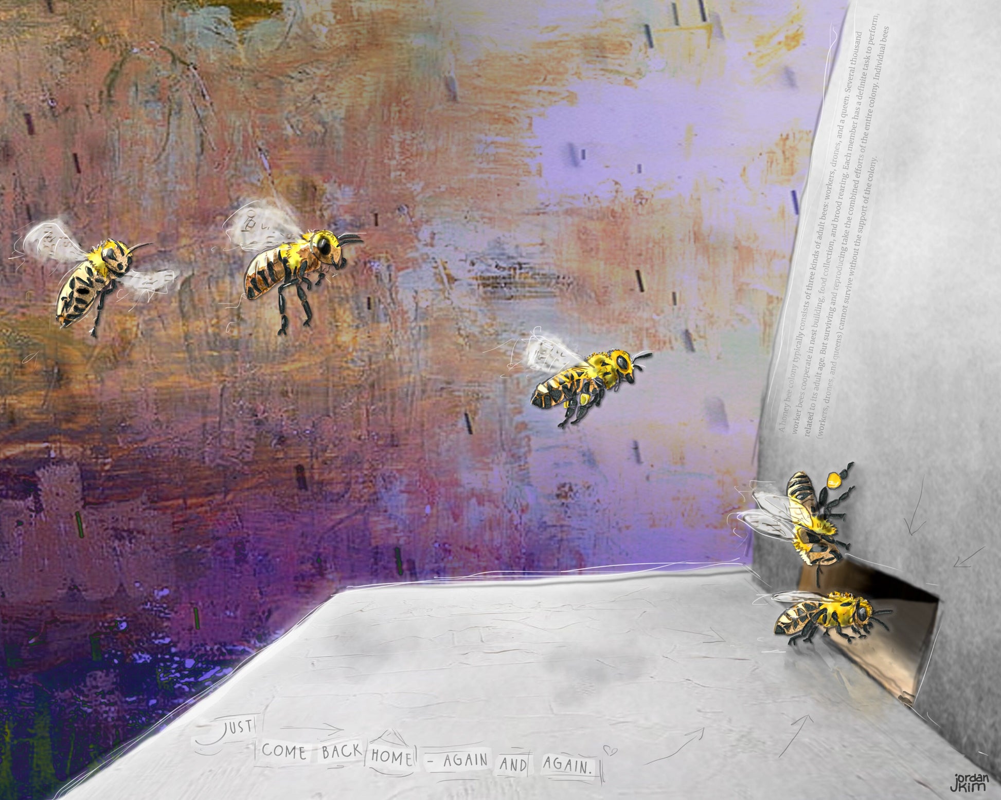 Greeting Card of mixed media collage of honeybees flying back to their hive, returning home, inspirational quote - Blank Inside