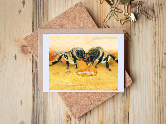 Greeting Card of mixed media collage of two honeybees drinking water or honey together, inspirational quote - Blank Inside