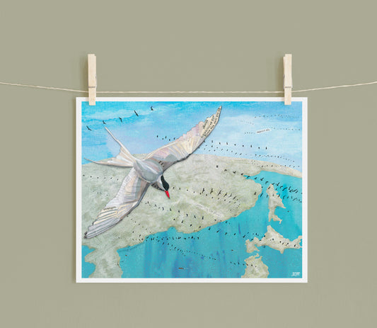 8x10 Art Print of a mixed media collage of Arctic Terns flying over the planet along with other birds migrating around the globe