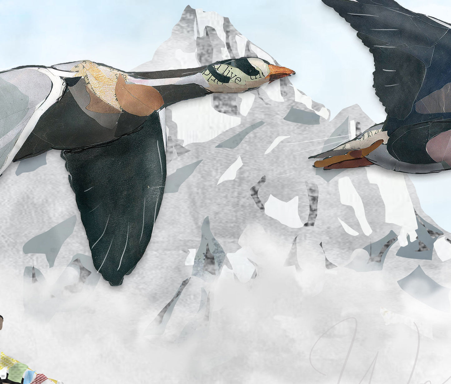 8x10 Art Print of a mixed media collage of Bar-Headed Geese flying over prayer flags in the Himalayas, migration