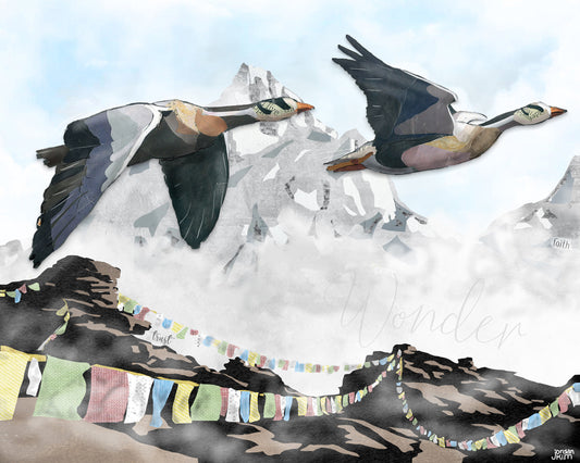 8x10 Art Print of a mixed media collage of Bar-Headed Geese flying over prayer flags in the Himalayas, migration