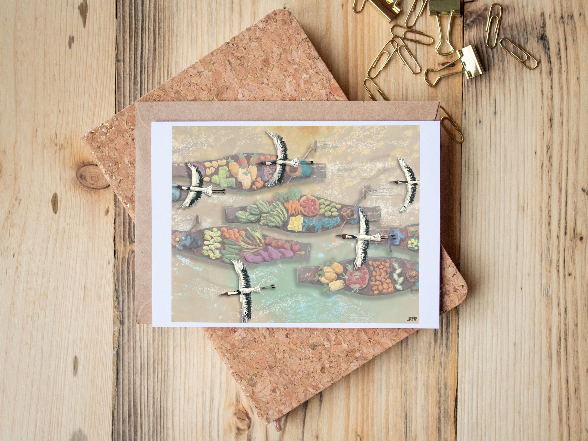 Greeting Card of mixed media collage of Red-Crowned Cranes flying over market boats loaded with vegetables and fruit - Blank Inside