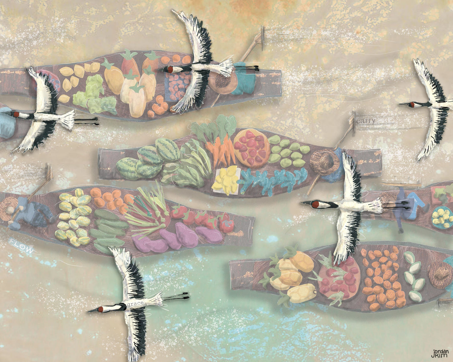 8x10 Art Print of a mixed media collage of Red-Crowned Cranes flying over market boats loaded with vegetables and fruit