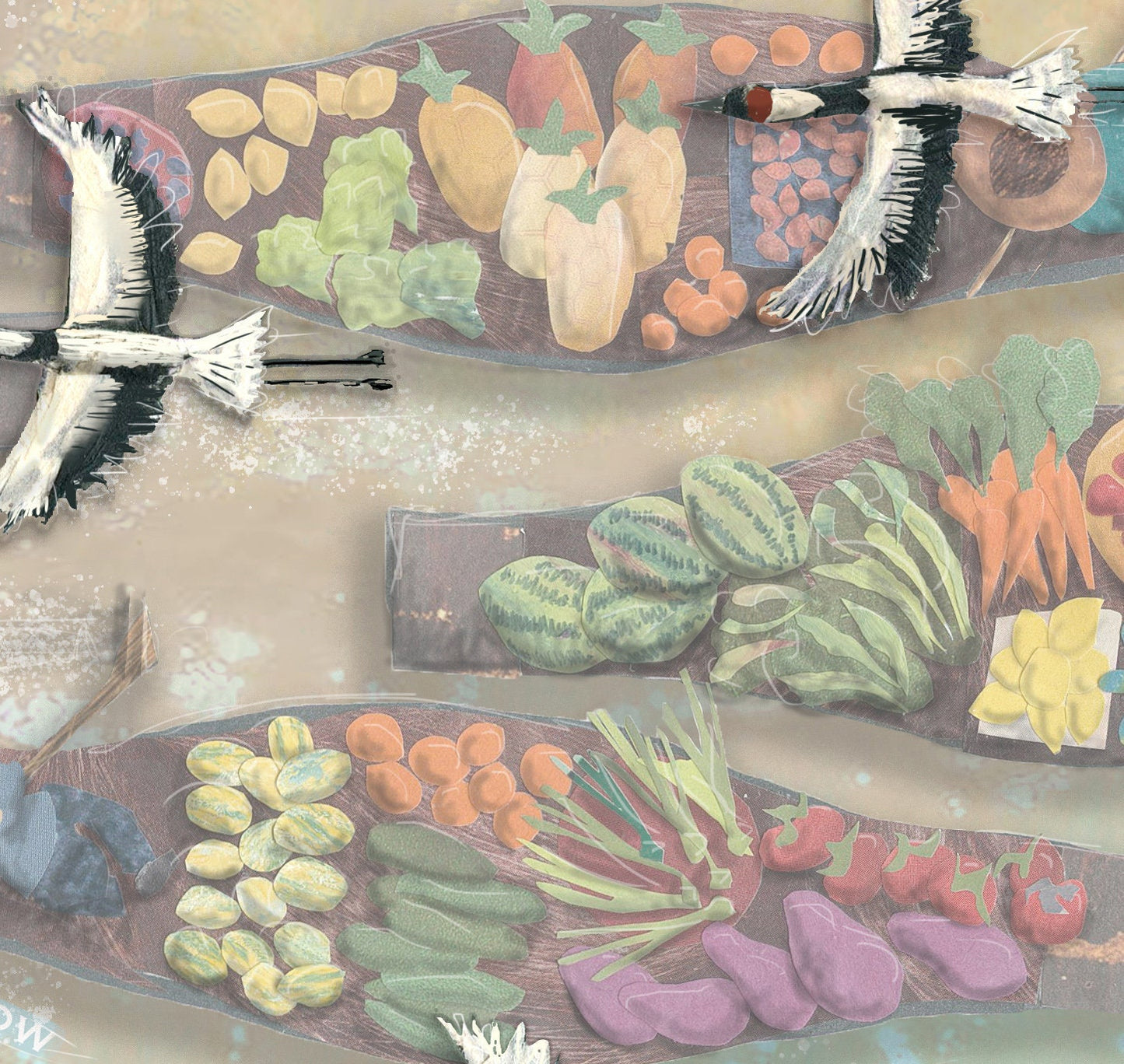 Greeting Card of mixed media collage of Red-Crowned Cranes flying over market boats loaded with vegetables and fruit - Blank Inside