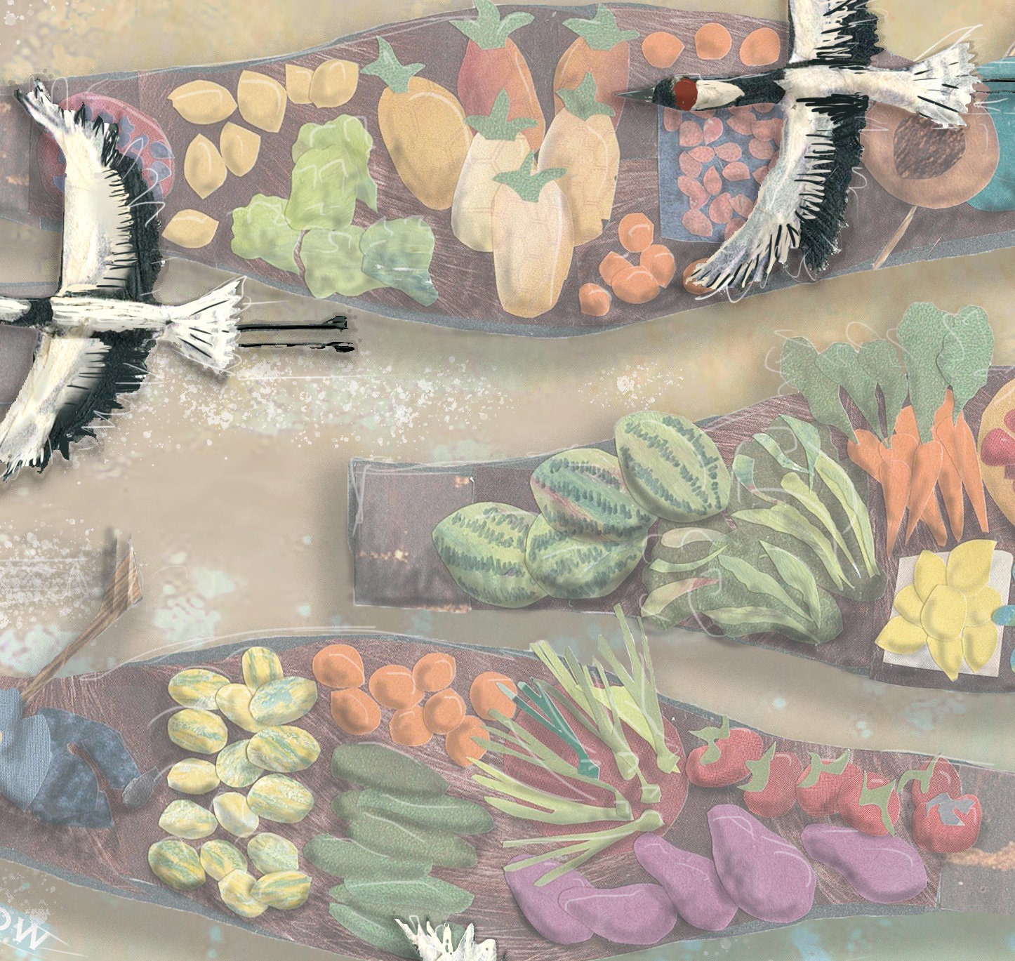 Greeting Card of mixed media collage of Red-Crowned Cranes flying over market boats loaded with vegetables and fruit - Blank Inside
