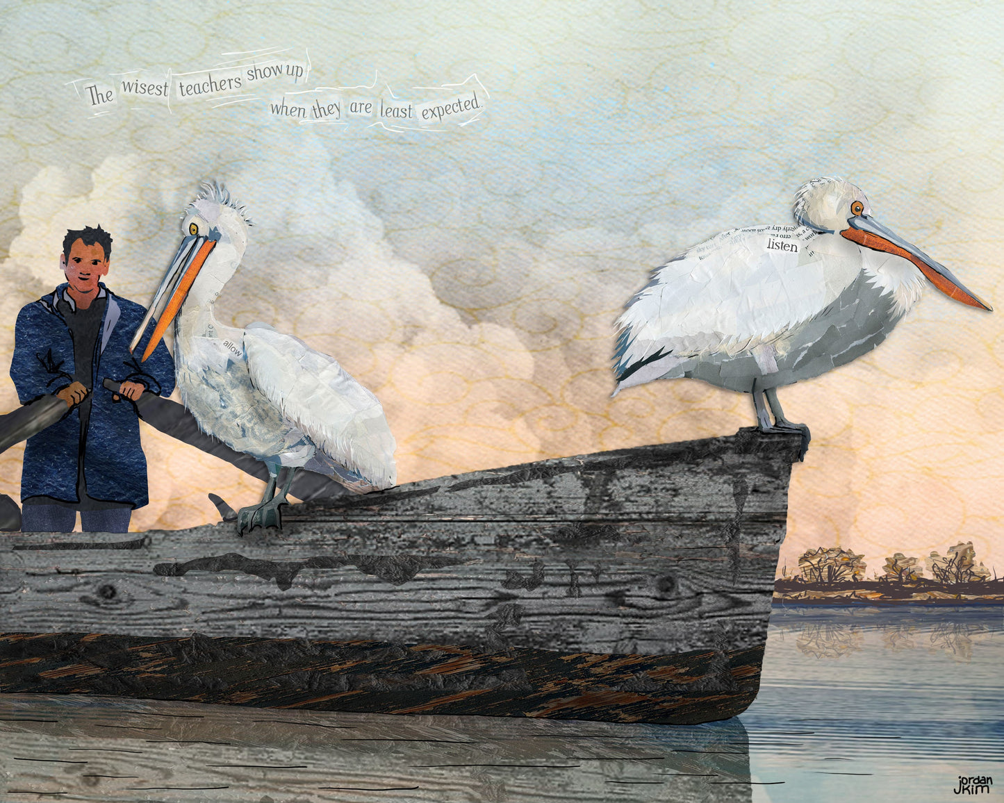8x10 Art Print of a mixed media collage of Dalmatian Pelicans perched on a fisherman's boat at sunrise