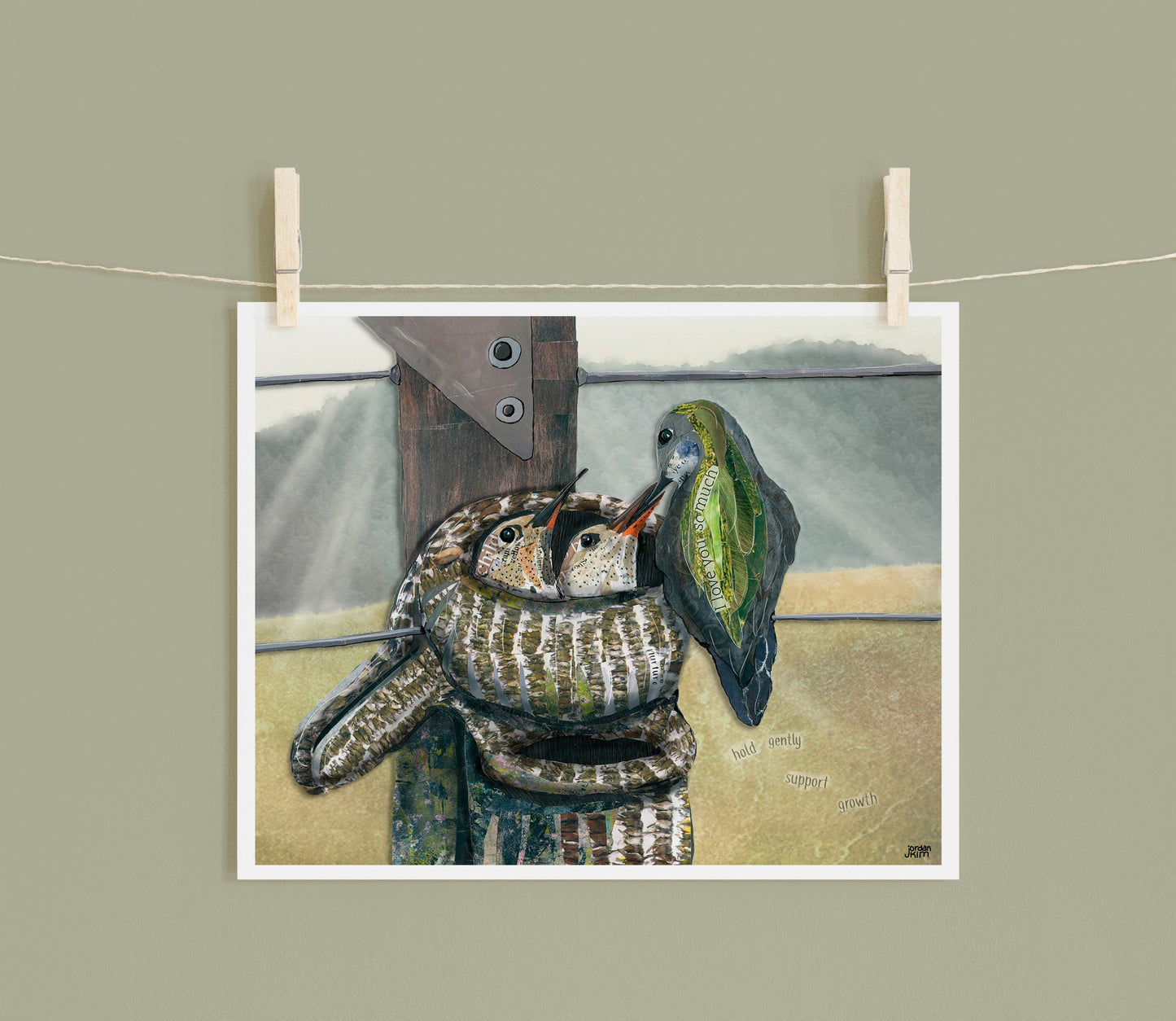 8x10 Art Print of a mixed media collage of a Calliope Hummingbird mother feeding her babies in a nest made of mittens - motherhood, love
