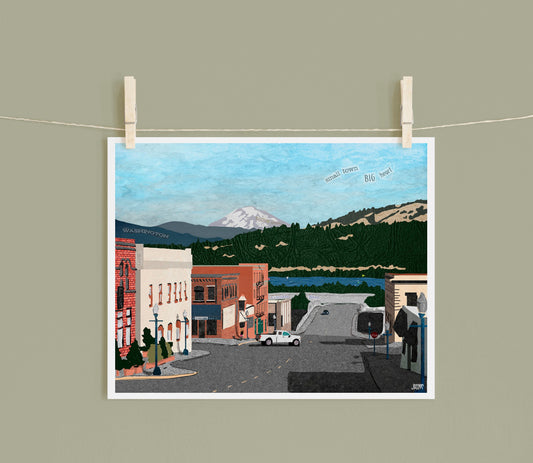 8x10 Art Print of a mixed media collage of downtown Hood River, Oregon, Columbia River Gorge, small town, Pacific Northwest