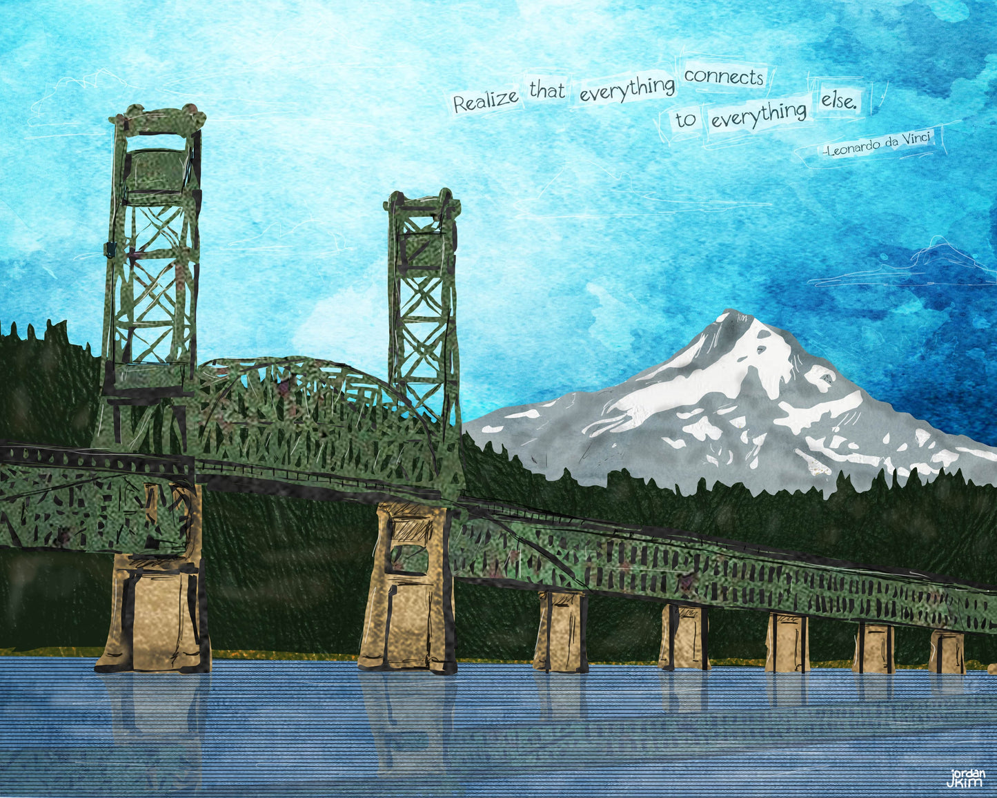 Greeting Card of mixed media collage of the Hood River Bridge between Oregon and Washington, over Columbia River - Blank Inside