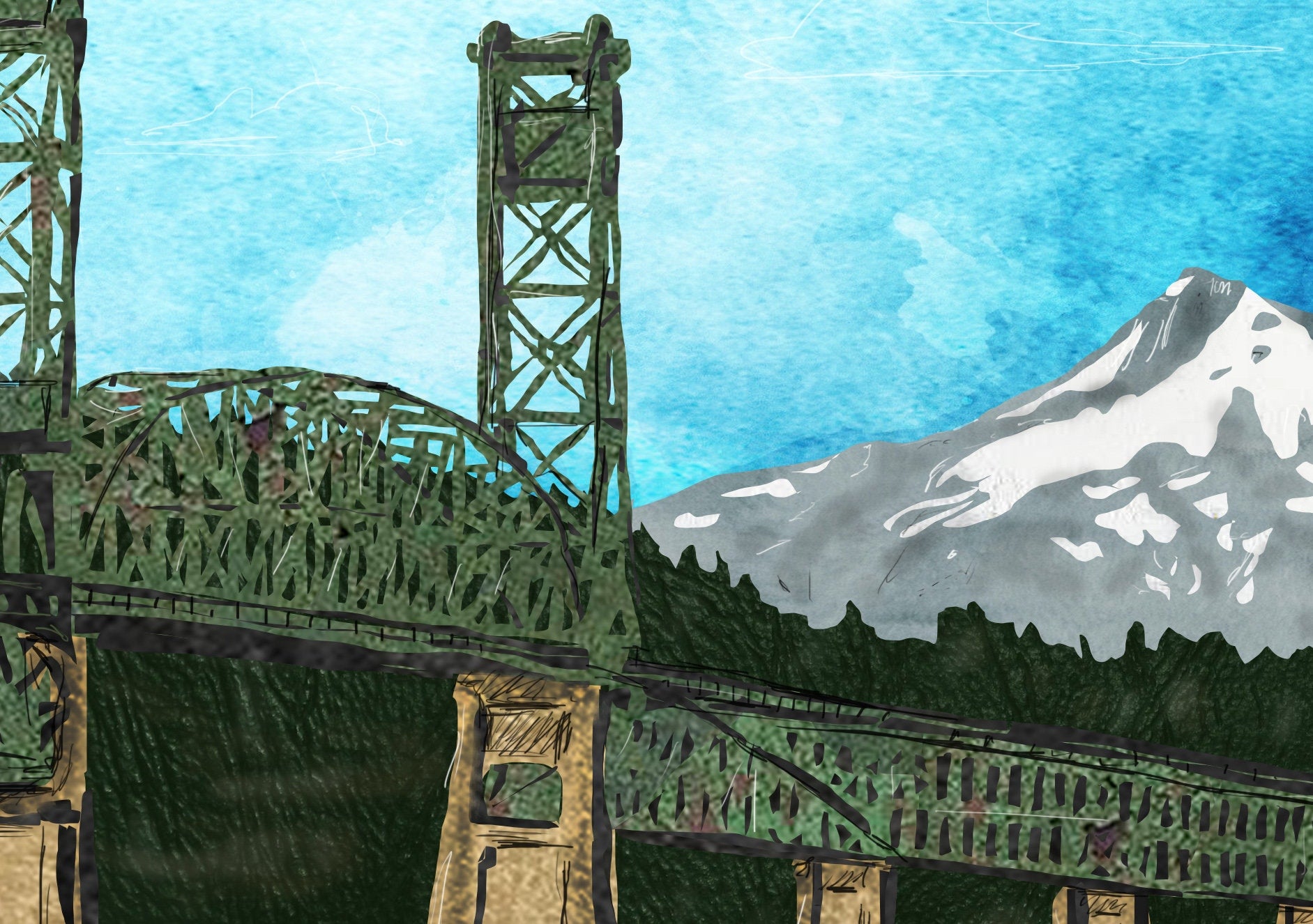 Greeting Card of mixed media collage of the Hood River Bridge between Oregon and Washington, over Columbia River - Blank Inside