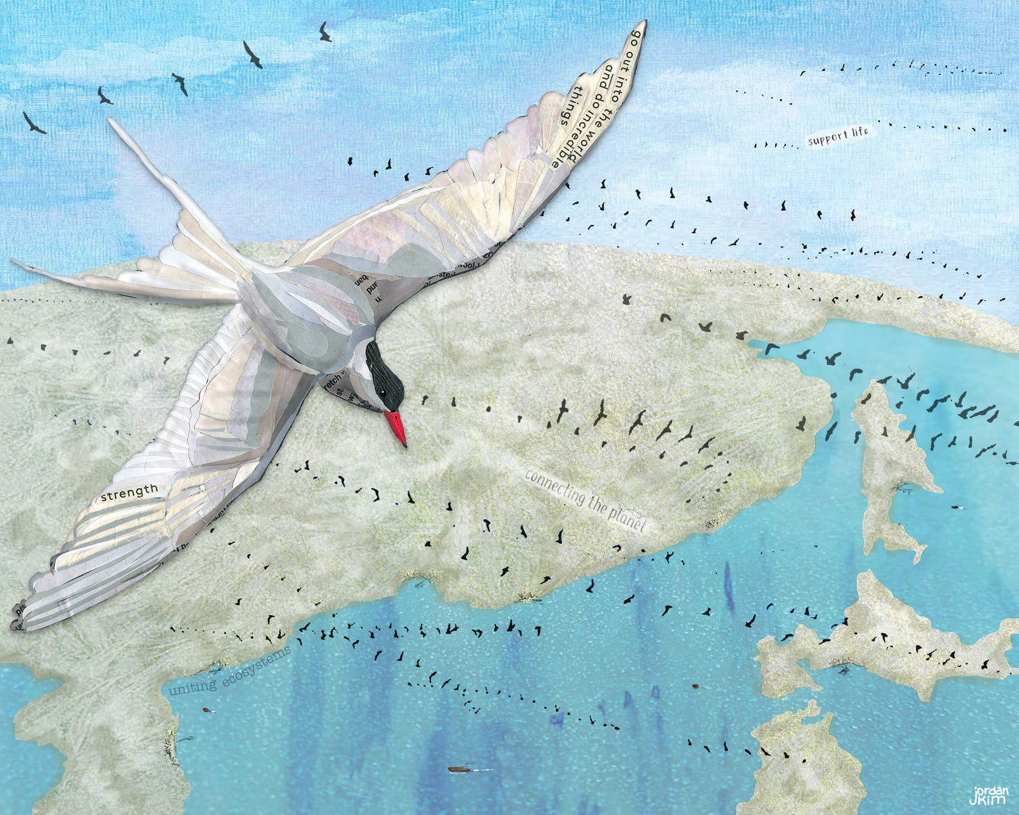 Greeting Card of mixed media collage of Arctic Terns flying over the planet along with other birds migrating around the globe- Blank Inside
