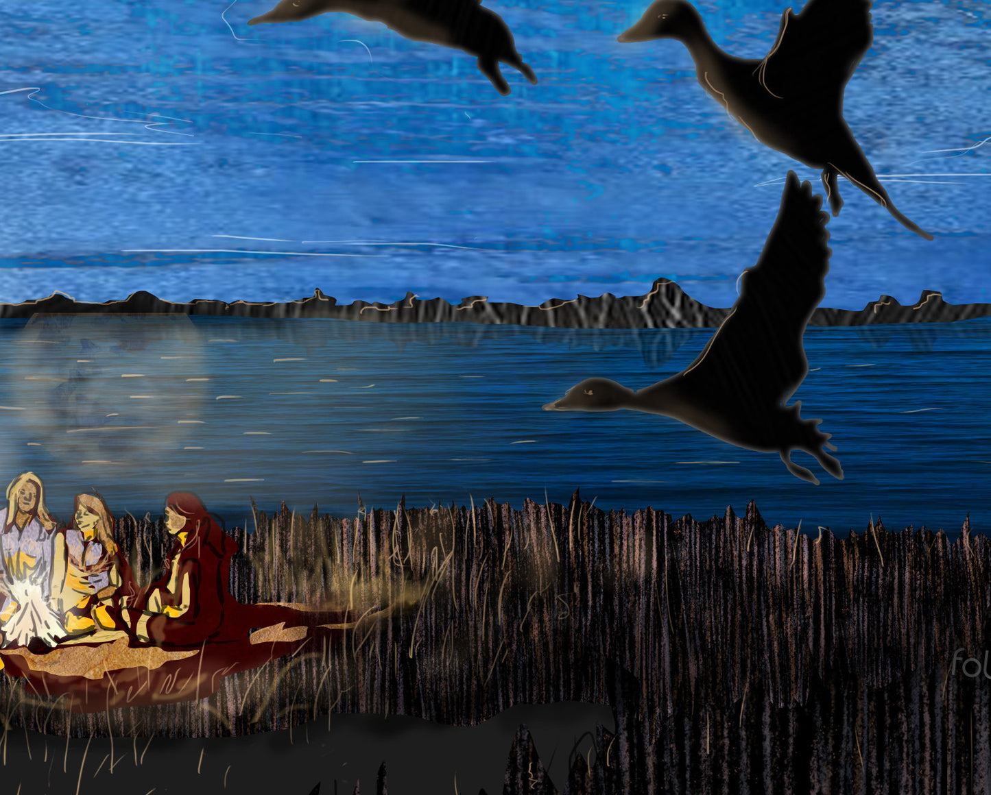 8x10 Art Print of a mixed media collage of Blue-Winged Teal ducks taking off in the dusk over a group of friends by a campfire, full moon