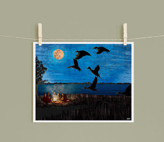 8x10 Art Print of a mixed media collage of Blue-Winged Teal ducks taking off in the dusk over a group of friends by a campfire, full moon