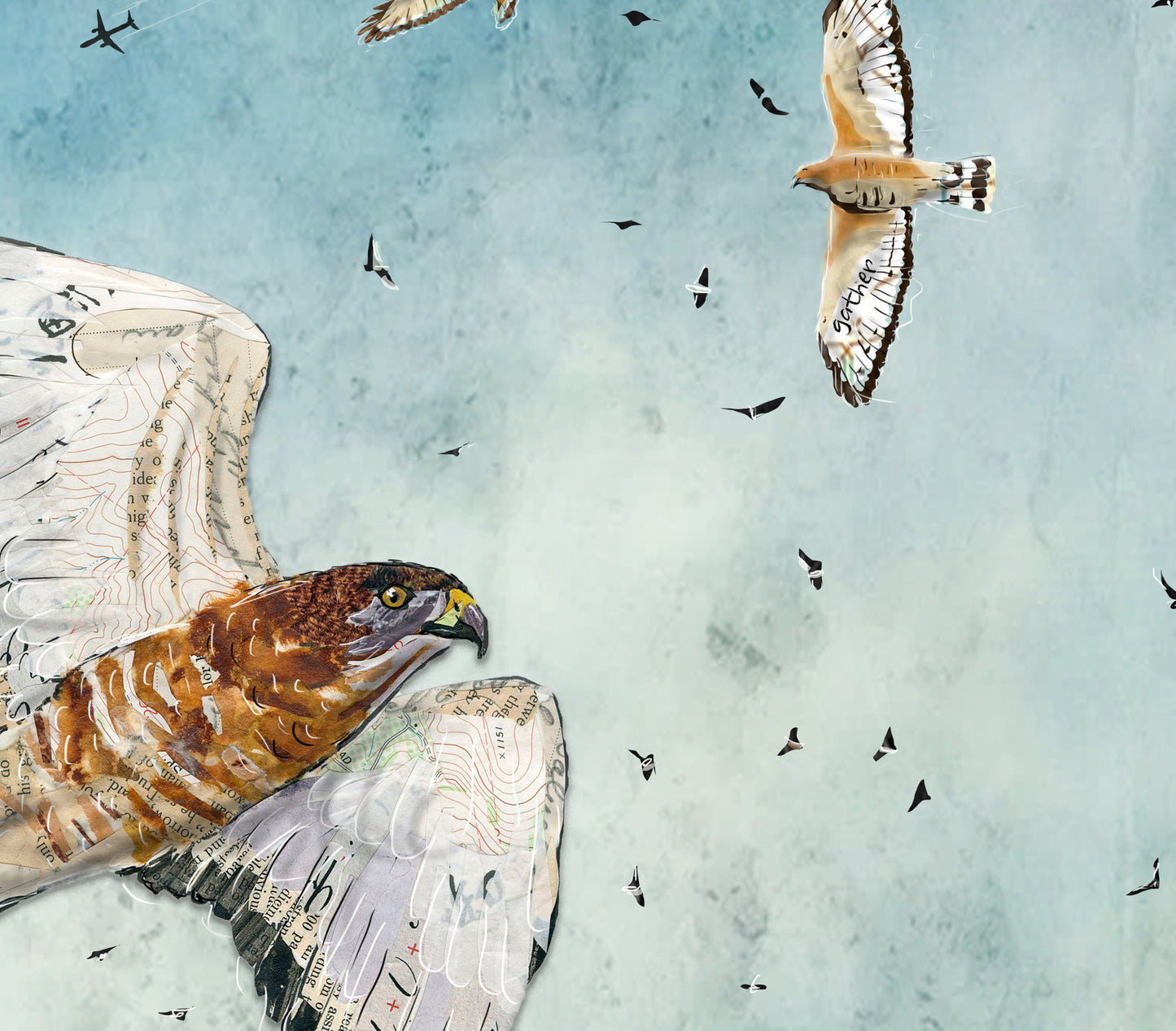8x10 Art Print of a mixed media collage of Broad-Winged Hawks migrating through the sky in large groups called kettles, migration